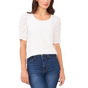 CeCe White Eyelet Embroidery Scoop Neck Puff Sleeve Shirt Blouse Cottage M $60